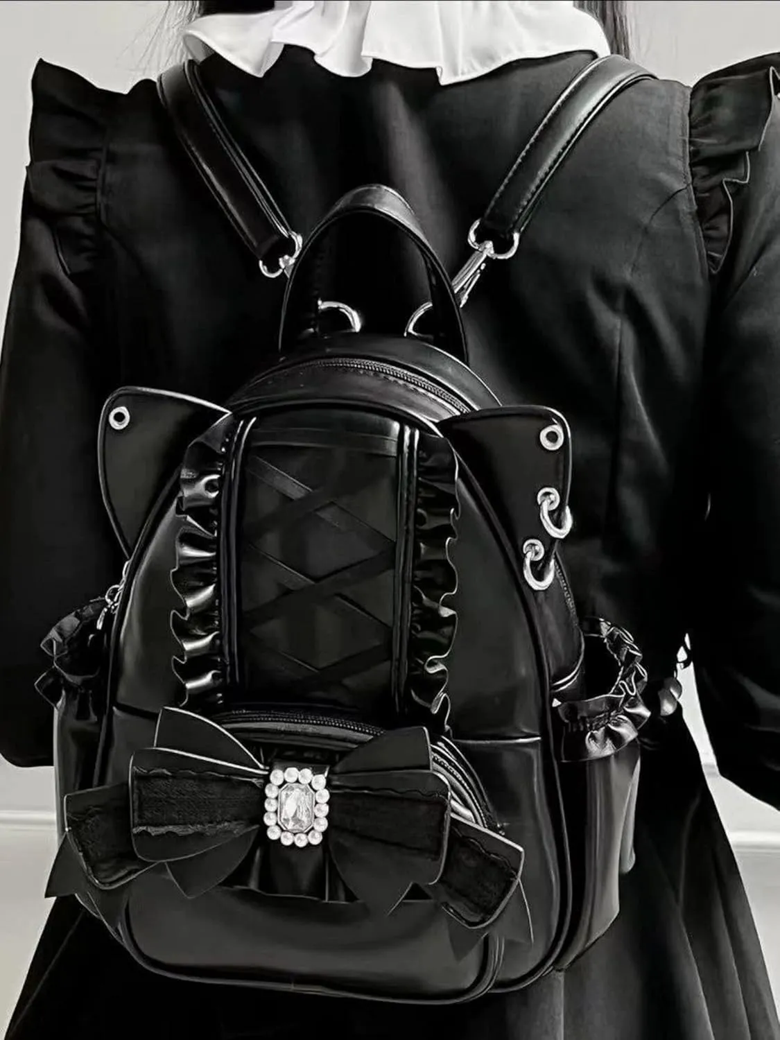 Pokn Jirai Kei Kawaii Bag Gothic Cute Bag Mini Leather Backpack Fashion Small Daypacks Purse for Women Cutecore (Black)