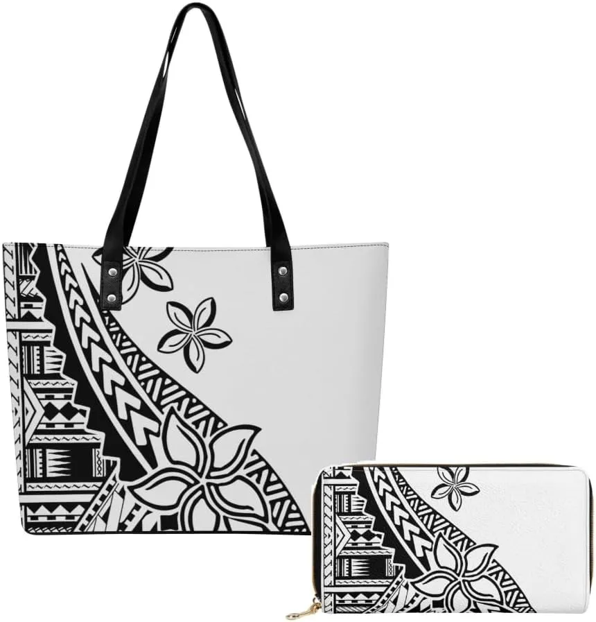 Polynesian Women Pu Handbag And Purse Samoa Island Tribal Design Retro Art Large Capacity Shoulder Bag 2-Piece Set