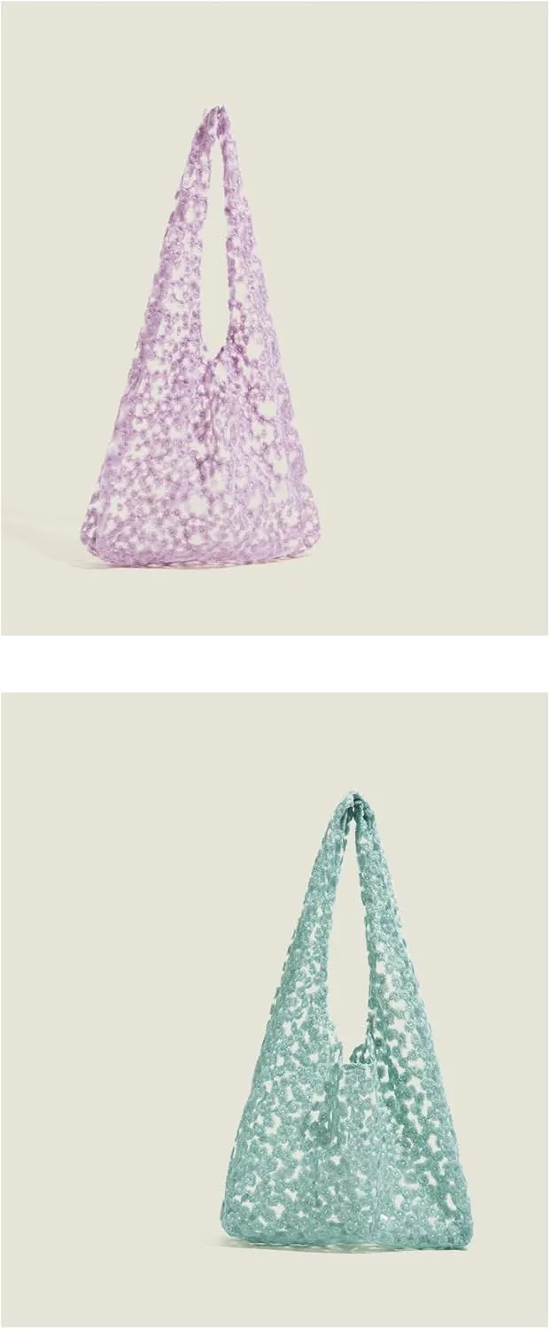 Pooyikoi Crochet Mesh Beach Tote Bag Shoulder Bag Handbags Knitting Hollow Summer Bag Hobo Bag Aesthetic for Women