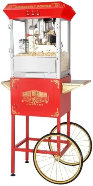 Popcorn Machine with Cart – 8oz Popper with Stainless-steel Kettle, Heated Warming Deck, and Old Maids Drawer by Great Northern Popcorn (Red)