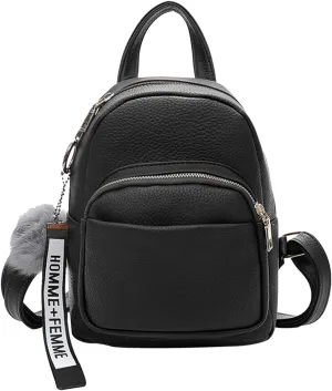 PORRASSO Fashion Mini Backpack Ladies Daypack Small Rucksack with Pompom Women PU Leather Backpack Purse for Travel Dating Shopping Black