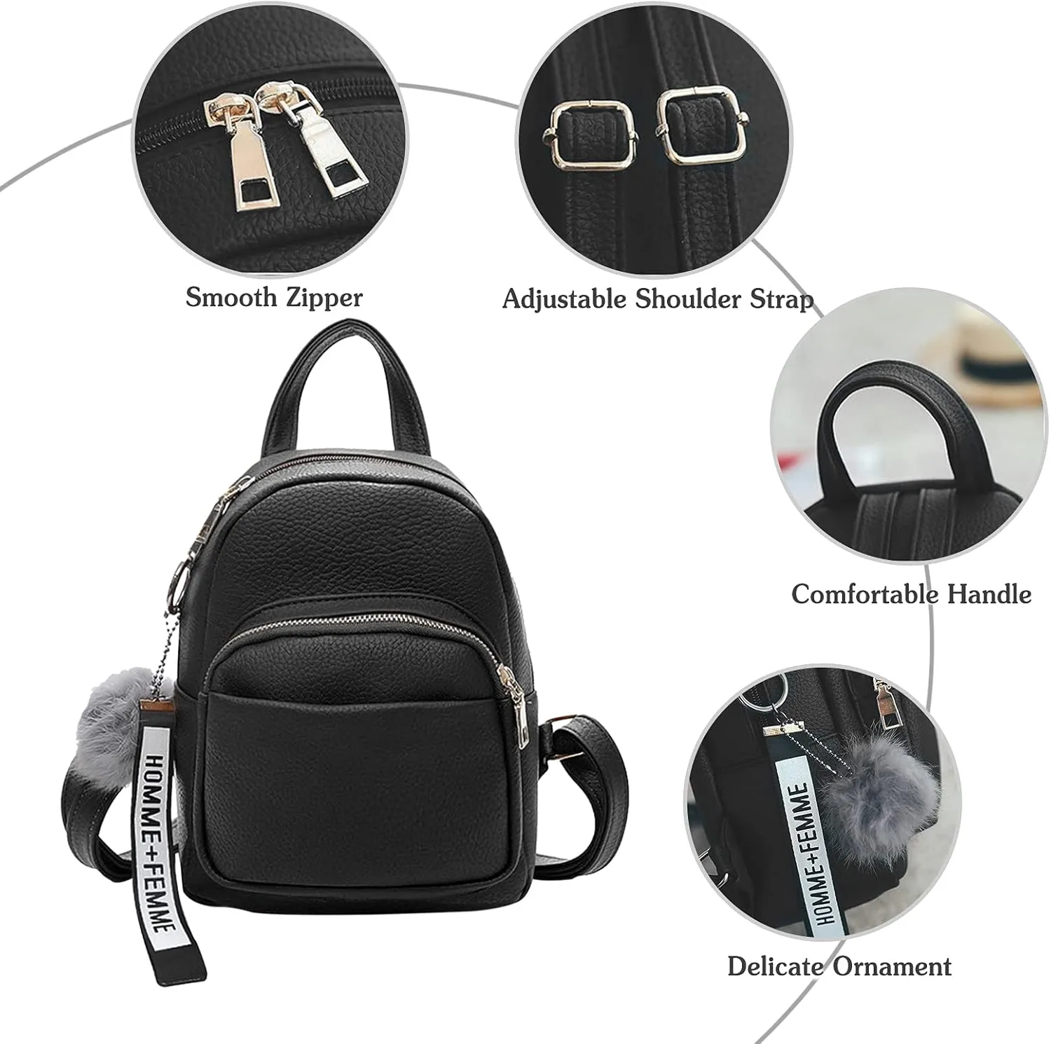 PORRASSO Fashion Mini Backpack Ladies Daypack Small Rucksack with Pompom Women PU Leather Backpack Purse for Travel Dating Shopping Black