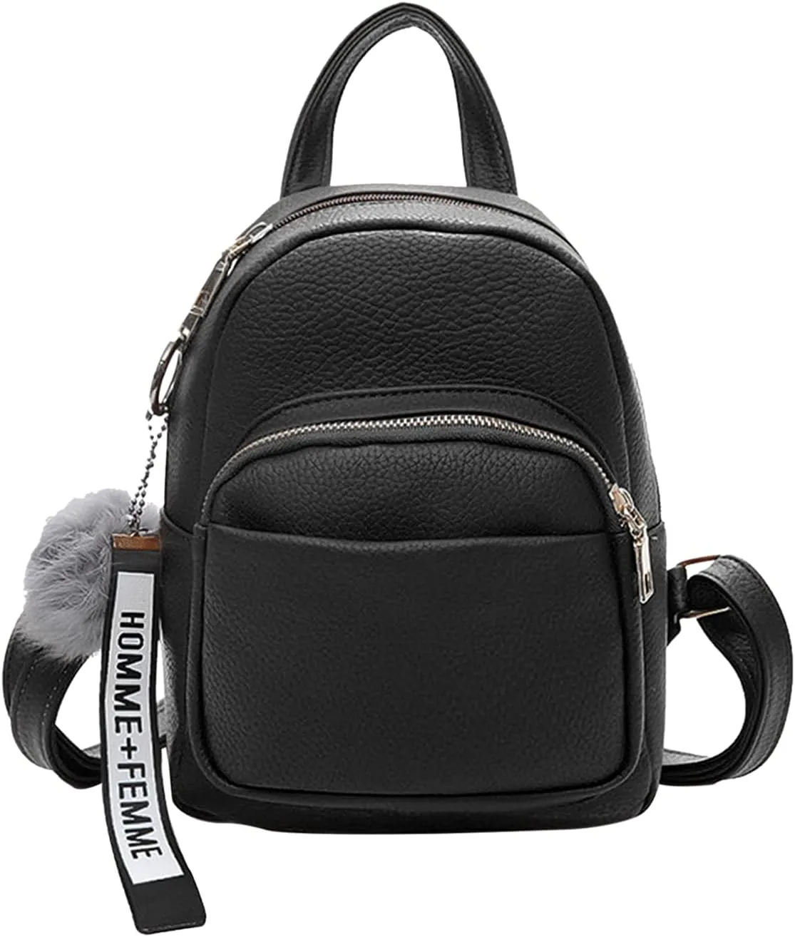 PORRASSO Fashion Mini Backpack Ladies Daypack Small Rucksack with Pompom Women PU Leather Backpack Purse for Travel Dating Shopping Black