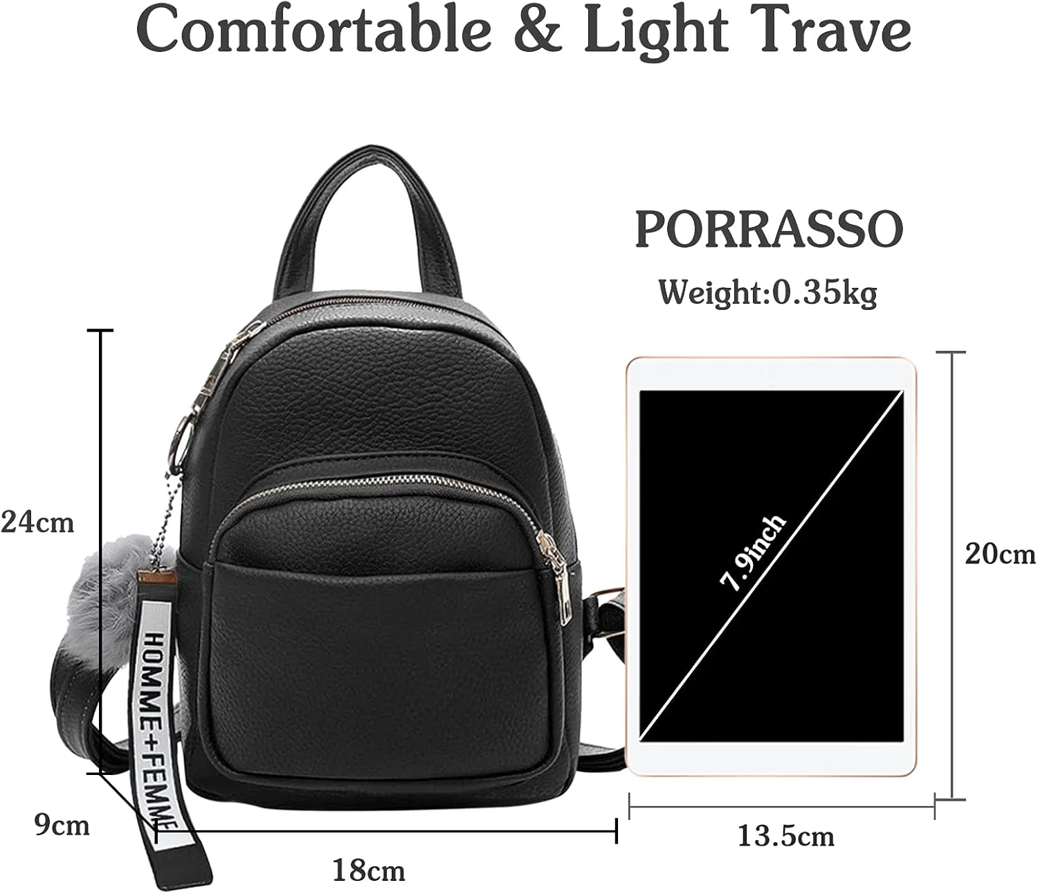 PORRASSO Fashion Mini Backpack Ladies Daypack Small Rucksack with Pompom Women PU Leather Backpack Purse for Travel Dating Shopping Black