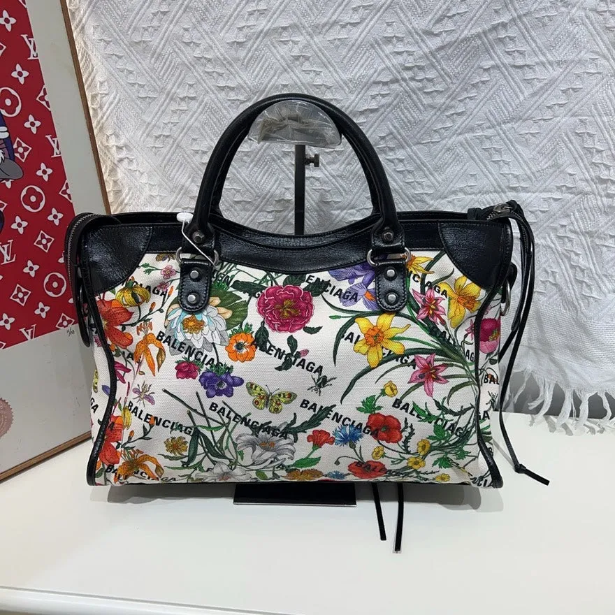 Preloved Balenciaga x Gucci Floral Print Shoulder Bag in Black Canvas