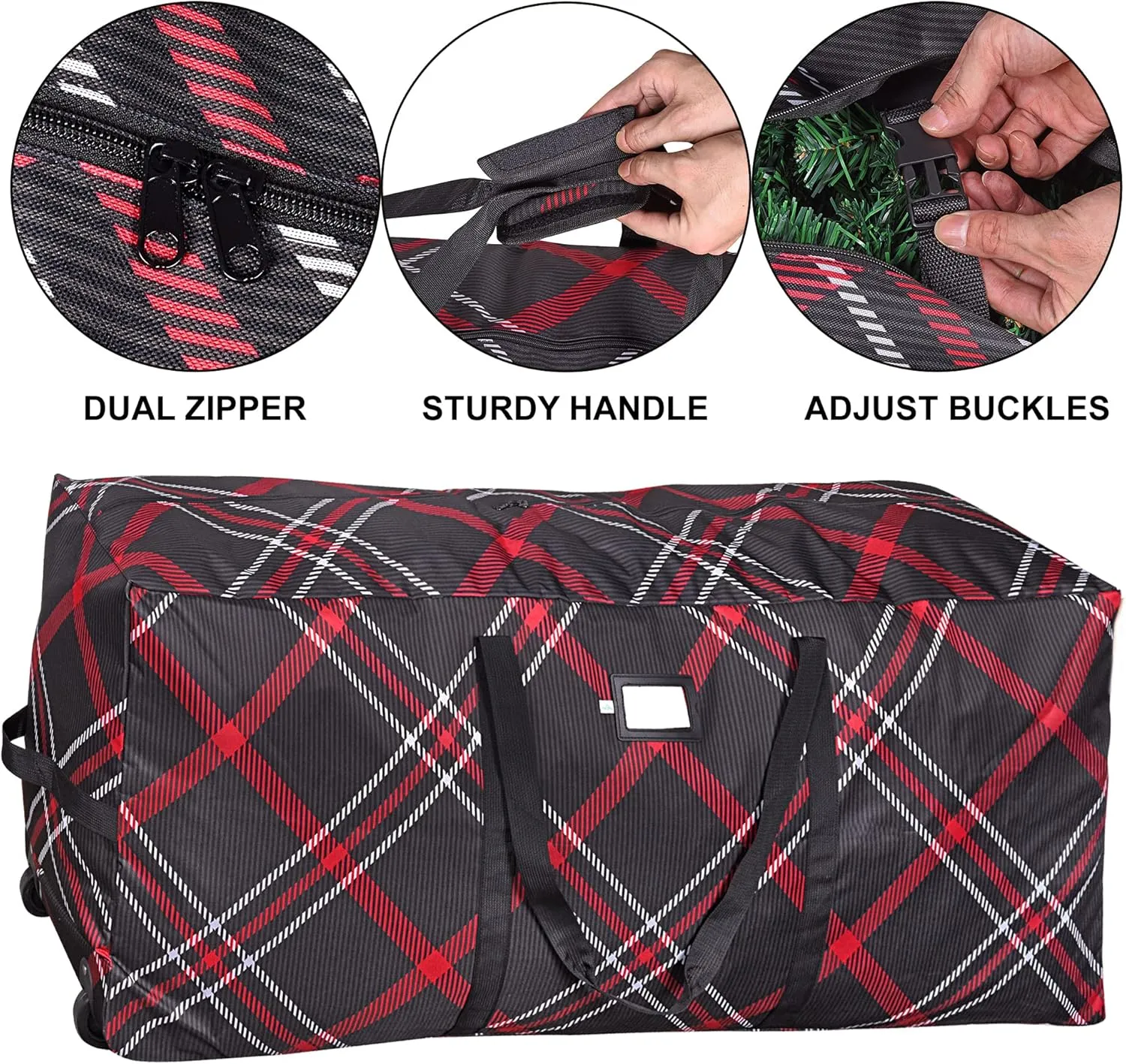ProPik Rolling Christmas Tree Storage Bag, Fits Up to 7.5 Ft. Tall Disassembled Holiday Tree, 22" x 16" x 50", Large Heavy Duty Plaid Xmas Storage Container with 2 Wheels & Handles, 600D Oxford