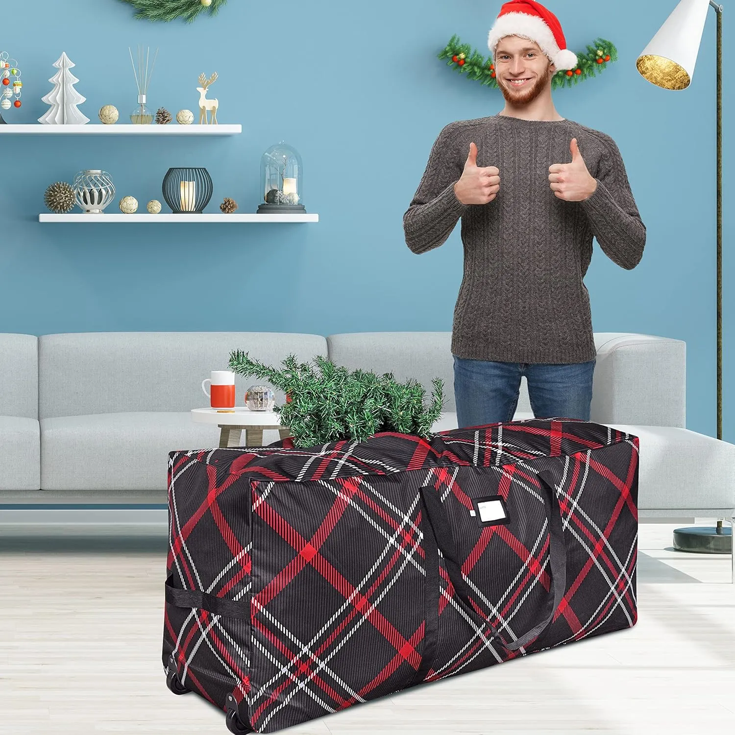ProPik Rolling Christmas Tree Storage Bag, Fits Up to 7.5 Ft. Tall Disassembled Holiday Tree, 22" x 16" x 50", Large Heavy Duty Plaid Xmas Storage Container with 2 Wheels & Handles, 600D Oxford