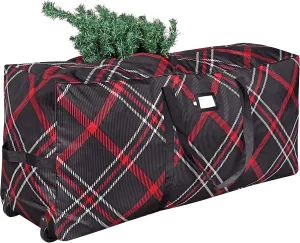 ProPik Rolling Christmas Tree Storage Bag, Fits Up to 7.5 Ft. Tall Disassembled Holiday Tree, 22" x 16" x 50", Large Heavy Duty Plaid Xmas Storage Container with 2 Wheels & Handles, 600D Oxford