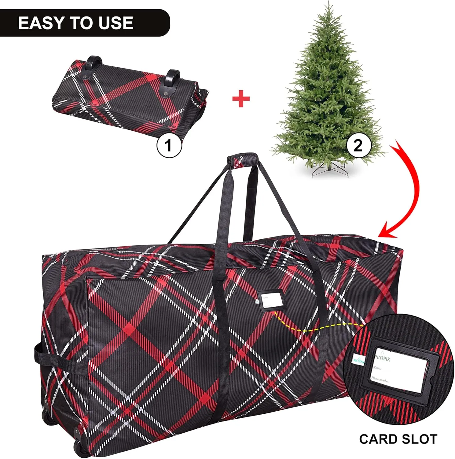 ProPik Rolling Christmas Tree Storage Bag, Fits Up to 7.5 Ft. Tall Disassembled Holiday Tree, 22" x 16" x 50", Large Heavy Duty Plaid Xmas Storage Container with 2 Wheels & Handles, 600D Oxford