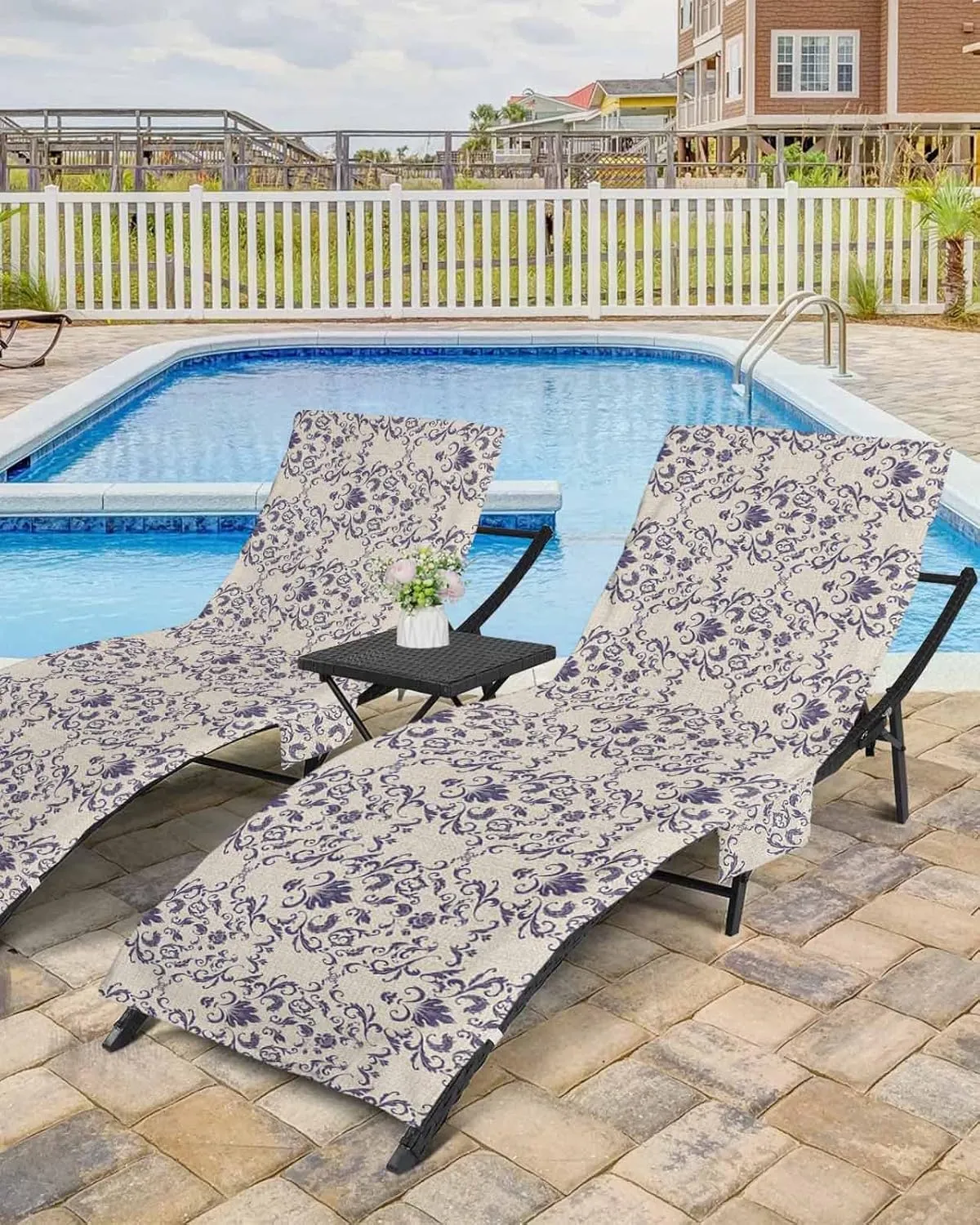 Purple Baroque Chaise Lounger Cover with Pockets, Pool Lounge Chair Covers 85"x29", European Abstract Art Floral Pattern Microfiber Beach Chair Cover for Outdoor Patio Sunbathing