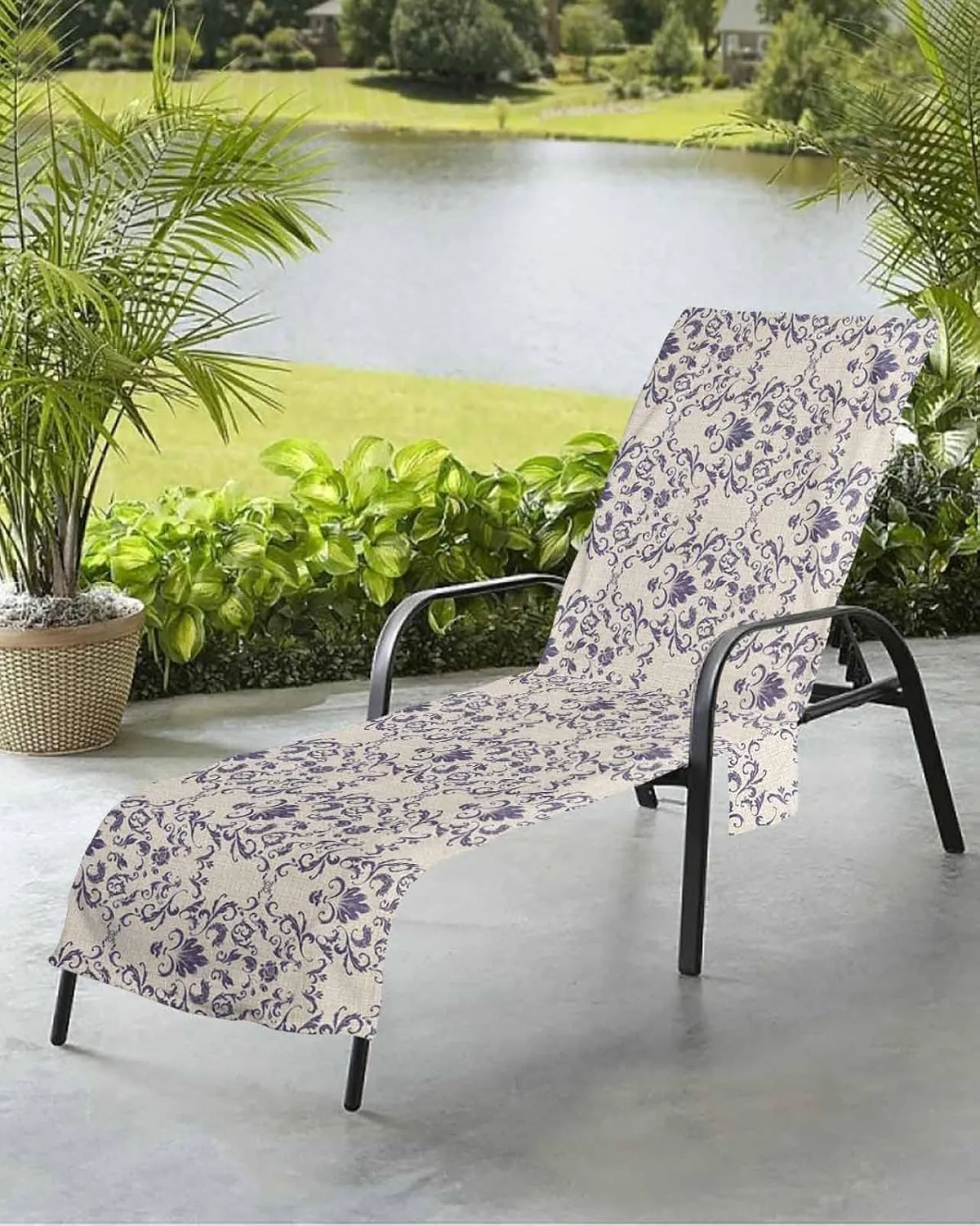 Purple Baroque Chaise Lounger Cover with Pockets, Pool Lounge Chair Covers 85"x29", European Abstract Art Floral Pattern Microfiber Beach Chair Cover for Outdoor Patio Sunbathing