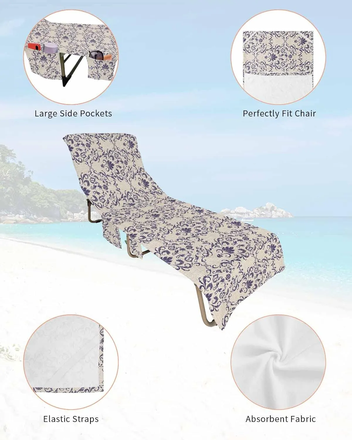 Purple Baroque Chaise Lounger Cover with Pockets, Pool Lounge Chair Covers 85"x29", European Abstract Art Floral Pattern Microfiber Beach Chair Cover for Outdoor Patio Sunbathing