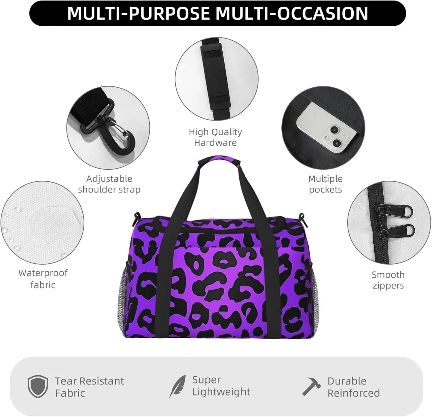 Purple Leopard Print Duffle Bag Foldable Travel Tote Bag Carry On Large Weekender Overnight Bags Waterproof Gym Bag For Women Men
