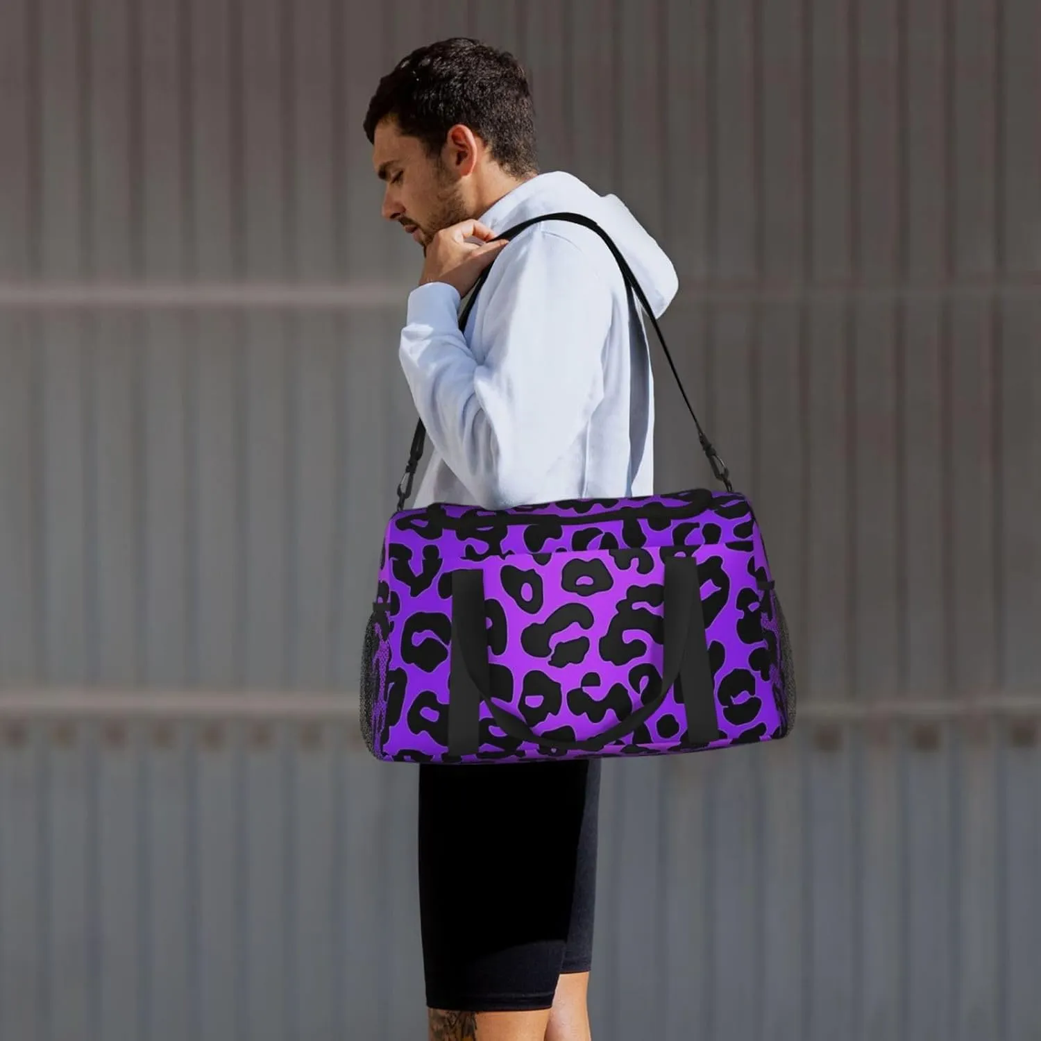 Purple Leopard Print Duffle Bag Foldable Travel Tote Bag Carry On Large Weekender Overnight Bags Waterproof Gym Bag For Women Men