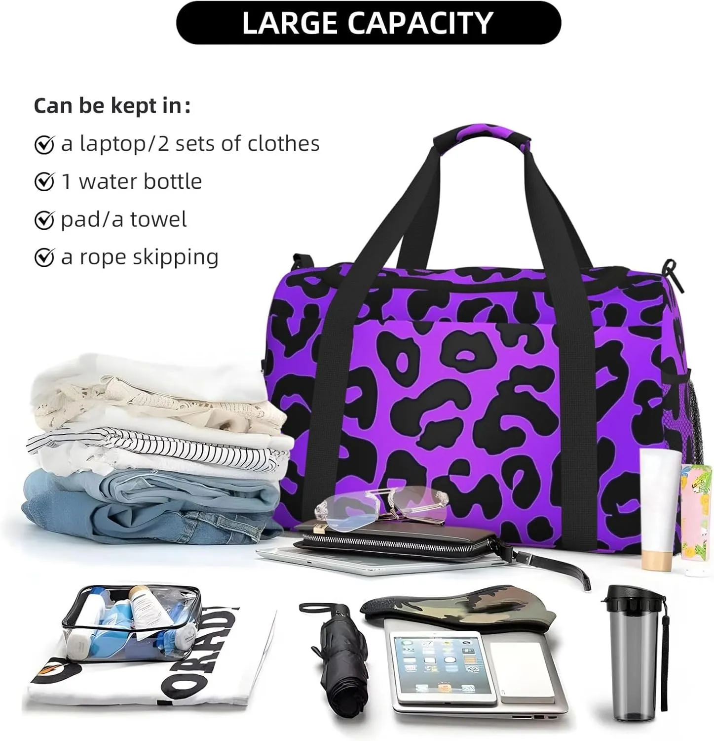 Purple Leopard Print Duffle Bag Foldable Travel Tote Bag Carry On Large Weekender Overnight Bags Waterproof Gym Bag For Women Men