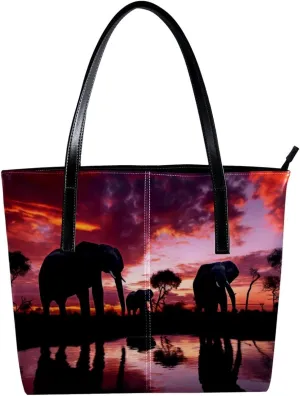 Purses for Women,Tote Bag Aesthetic,Women's Tote Handbags,African Sunset Grassland Elephant