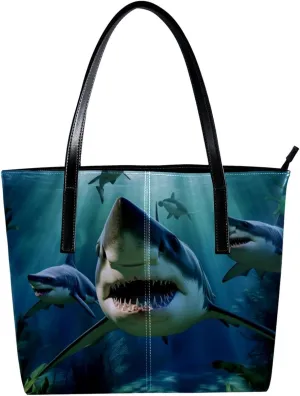 Purses for Women,Tote Bag Aesthetic,Women's Tote Handbags,Angry Shark in Forest Ocean