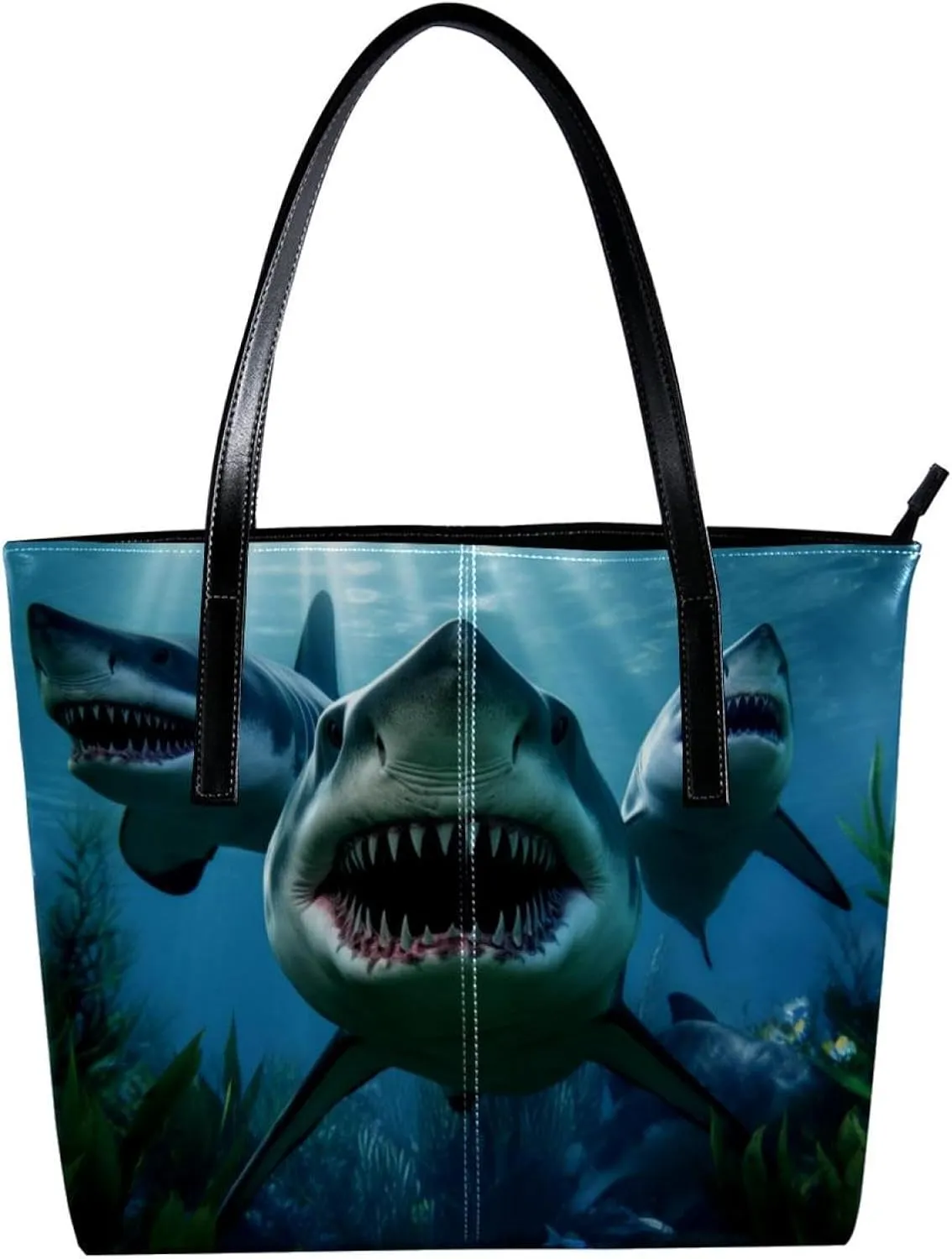 Purses for Women,Tote Bag Aesthetic,Women's Tote Handbags,Angry Shark in Forest Ocean