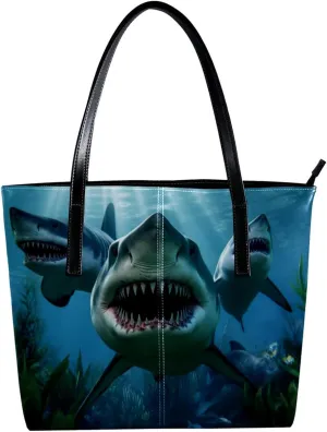 Purses for Women,Tote Bag Aesthetic,Women's Tote Handbags,Angry Shark in Forest Ocean