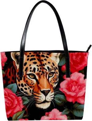 Purses for Women,Tote Bag Aesthetic,Women's Tote Handbags,Animal Leopard Rose Flower Illustration