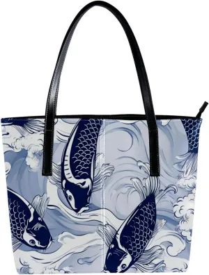 Purses for Women,Tote Bag Aesthetic,Women's Tote Handbags,Blue Fish Luck Koi
