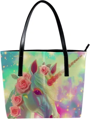 Purses for Women,Tote Bag Aesthetic,Women's Tote Handbags,Cartoon Unicorn Head Flower