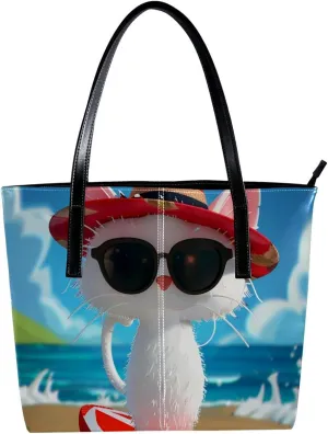 Purses for Women,Tote Bag Aesthetic,Women's Tote Handbags,Cat Enjoy Beach