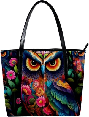 Purses for Women,Tote Bag Aesthetic,Women's Tote Handbags,Colorful Animal Owl Plant Leaf Illustration