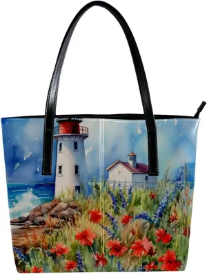Purses for Women,Tote Bag Aesthetic,Women's Tote Handbags,Flower Bush Summer Lighthouse