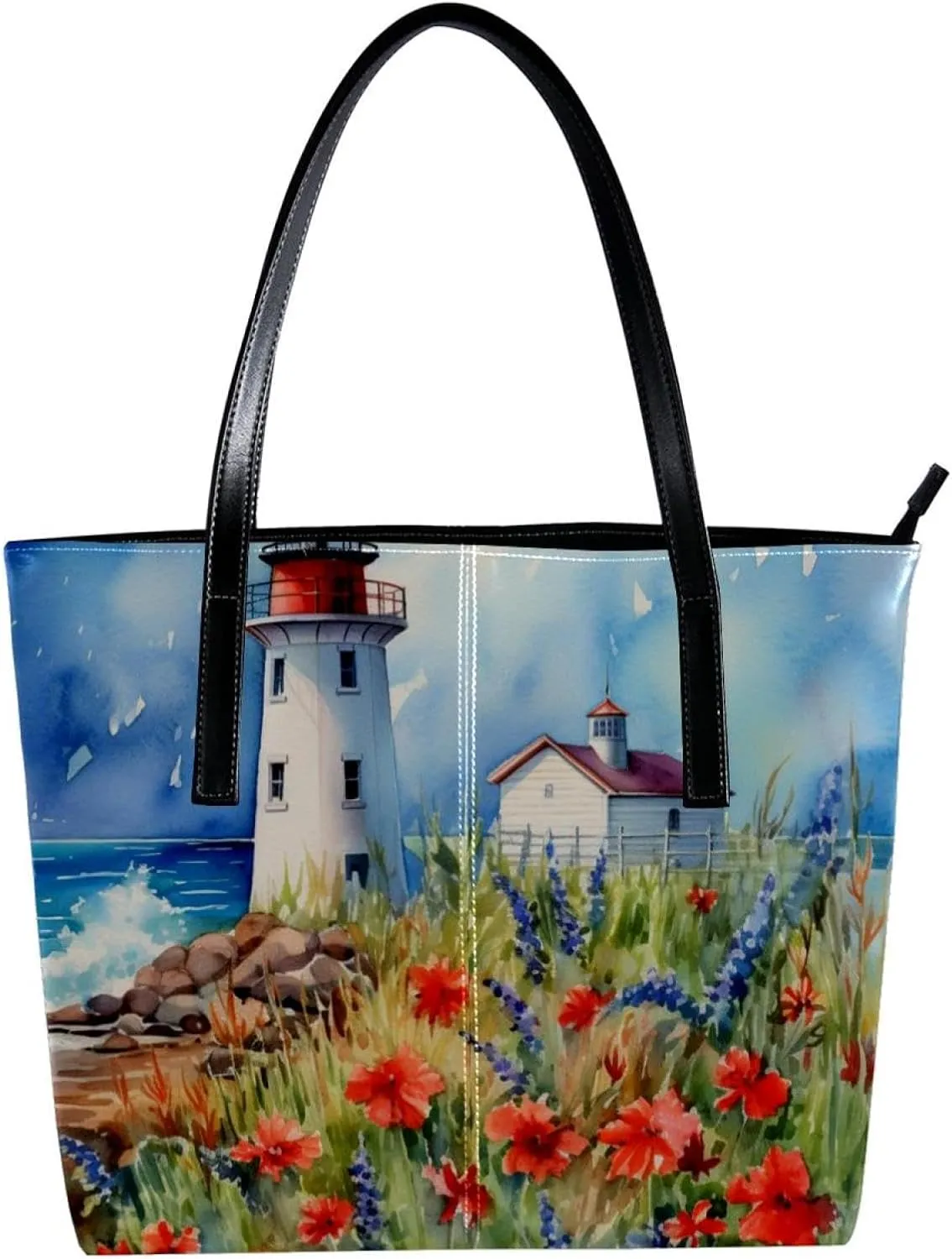 Purses for Women,Tote Bag Aesthetic,Women's Tote Handbags,Flower Bush Summer Lighthouse
