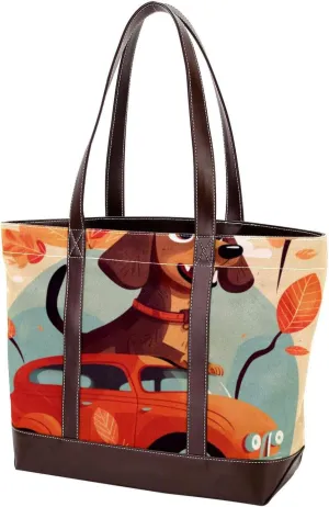 Purses for Women,Tote Bag for Women,Handbags for Women,Welcome Home Funny Dog Red Car Tree