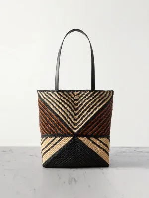 Puzzle Fold medium convertible leather-trimmed striped raffia tote