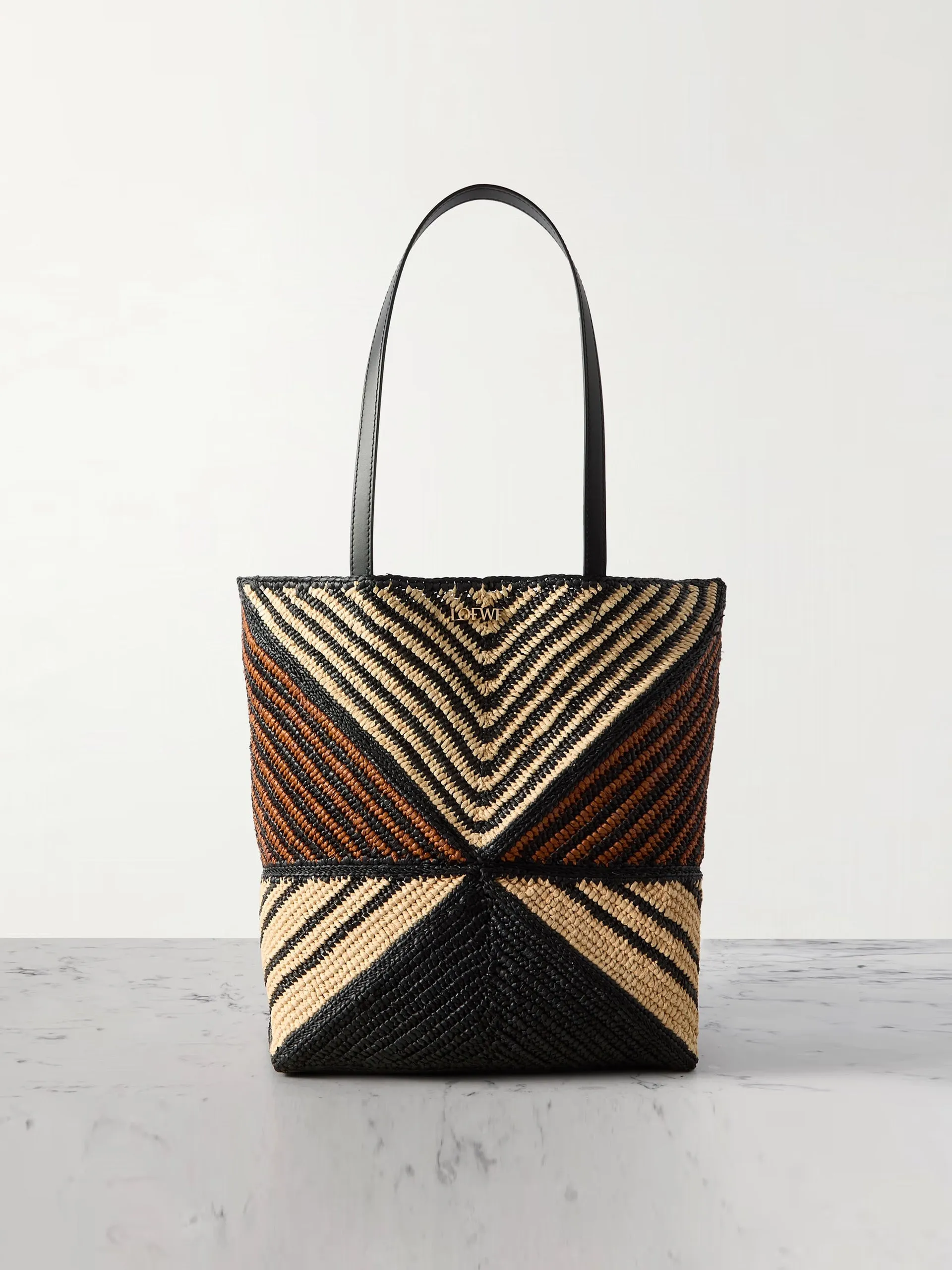 Puzzle Fold medium convertible leather-trimmed striped raffia tote