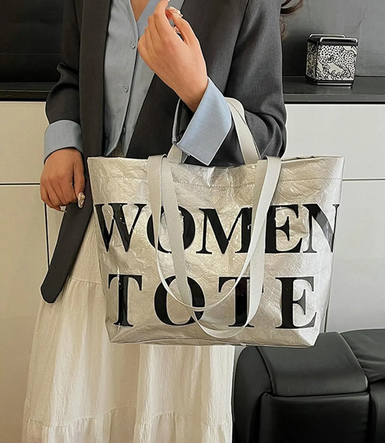 PVC Tote Bag Women Letter Print Shoulder Large Handbag Kraft Paper Shopper Bag Work Commute Daily Use