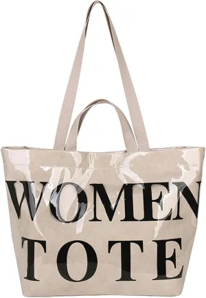 PVC Tote Bag Women Letter Print Shoulder Large Handbag Kraft Paper Shopper Bag Work Commute Daily Use