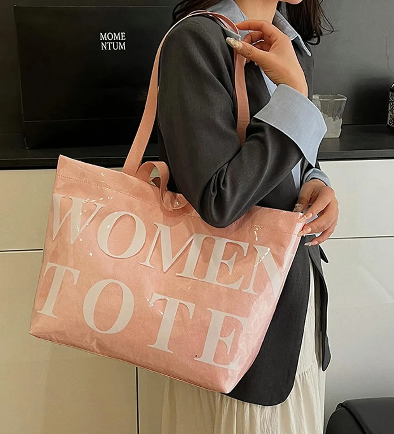 PVC Tote Bag Women Letter Print Shoulder Large Handbag Kraft Paper Shopper Bag Work Commute Daily Use