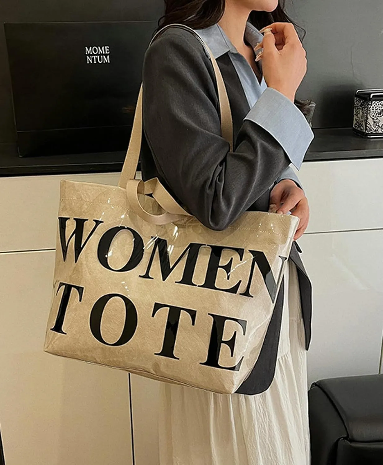 PVC Tote Bag Women Letter Print Shoulder Large Handbag Kraft Paper Shopper Bag Work Commute Daily Use