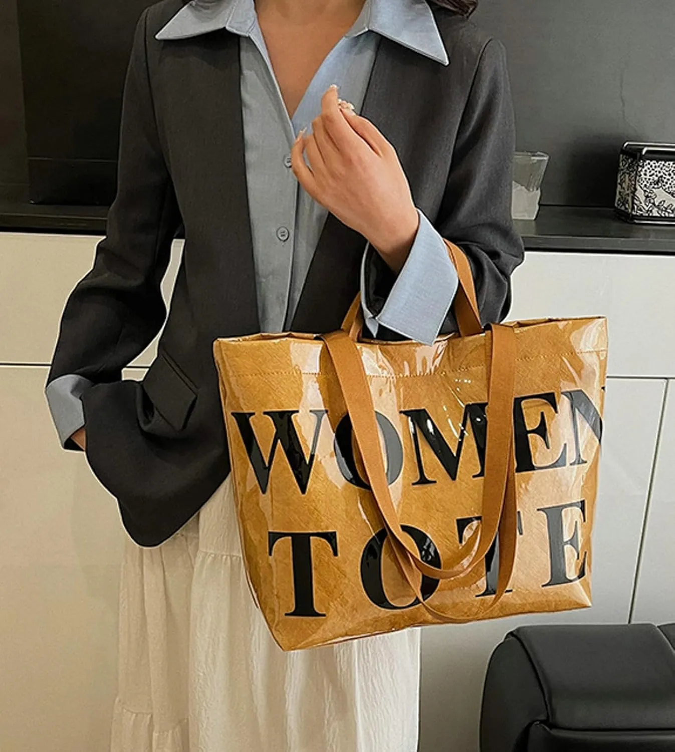 PVC Tote Bag Women Letter Print Shoulder Large Handbag Kraft Paper Shopper Bag Work Commute Daily Use