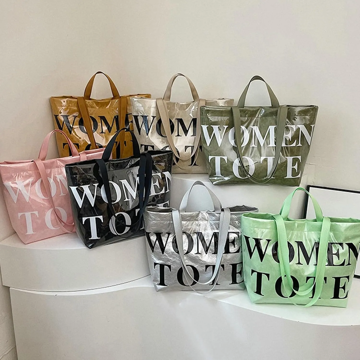 PVC Tote Bag Women Letter Print Shoulder Large Handbag Kraft Paper Shopper Bag Work Commute Daily Use