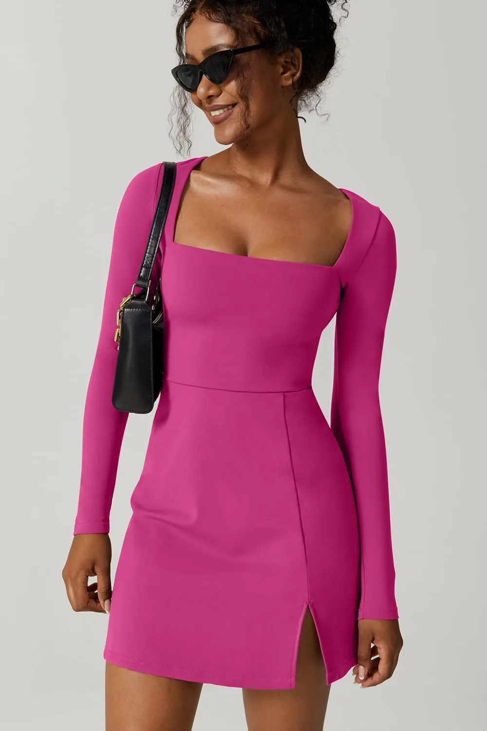 QINSEN Womens Square Neck Bodice Dress Long Sleeve Side Slit Flare Mini Dresses