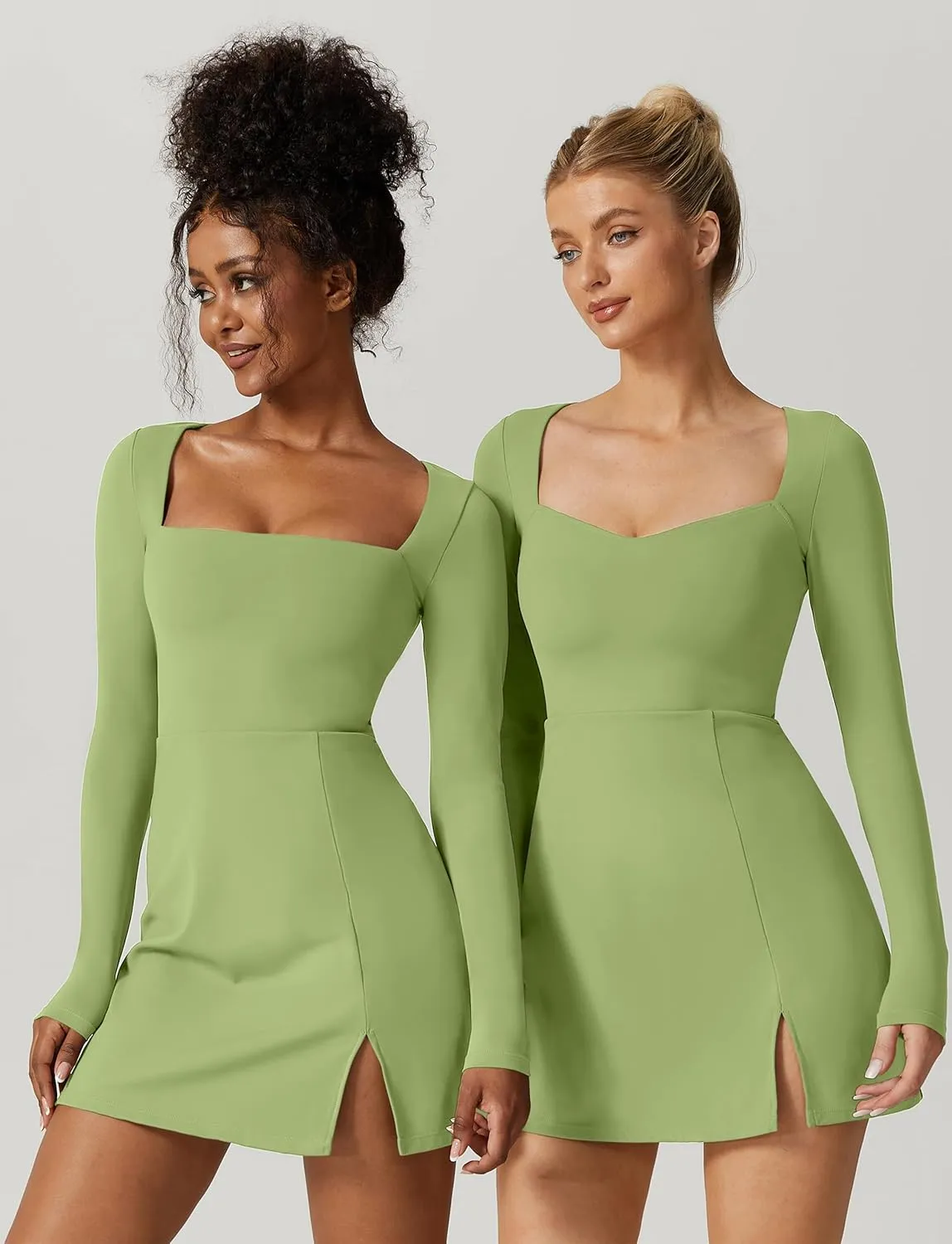 QINSEN Womens Square Neck Bodice Dress Long Sleeve Side Slit Flare Mini Dresses