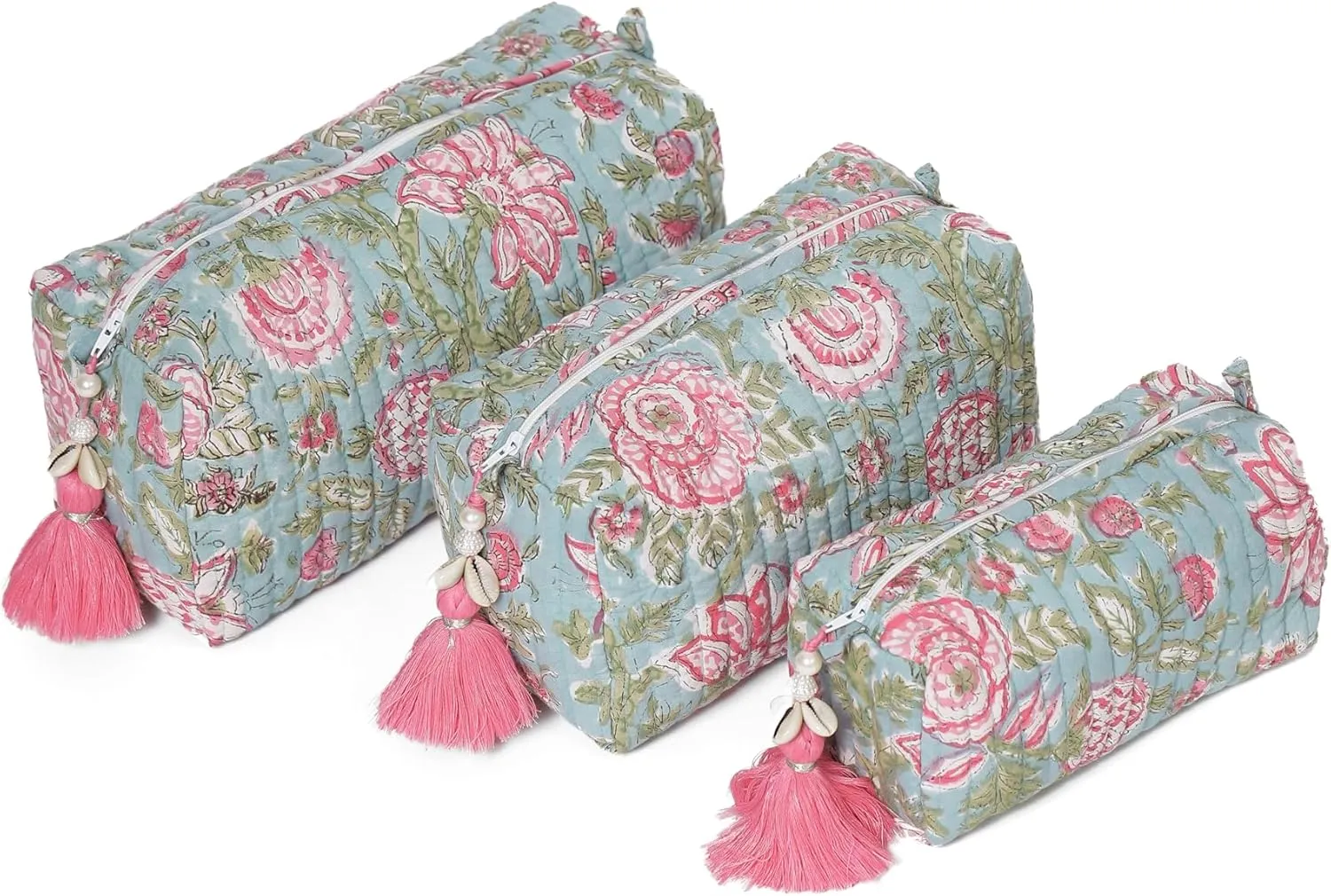 Quilted Floral Makeup Bag Set – Jacobean Dreams Pattern 3 Sizes, Waterproof Lining, Make Up Travel Cosmetic & Toiletry Bags For Traveling Women