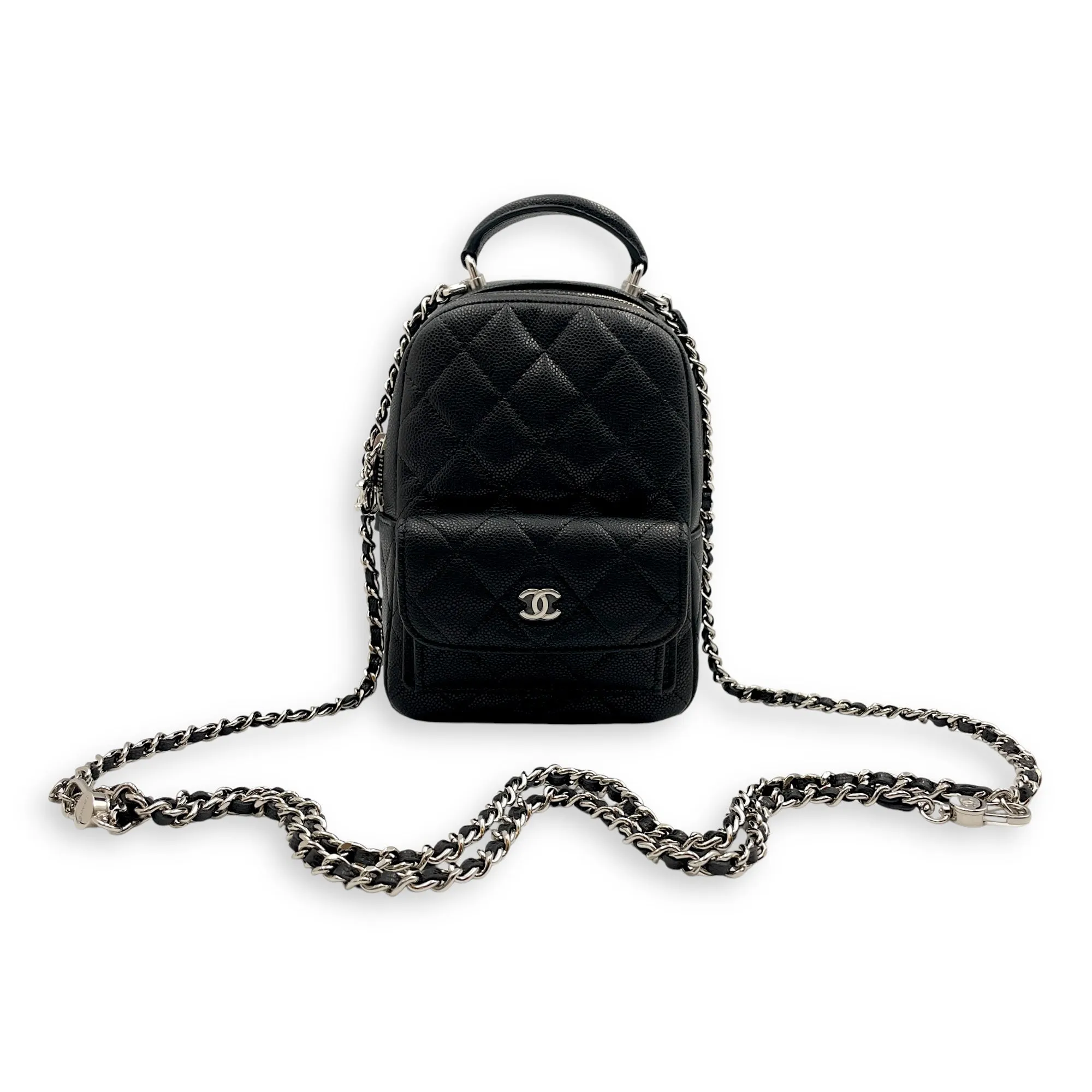 Quilted Mini Black Backpack in Caviar Leather, Silver hardware