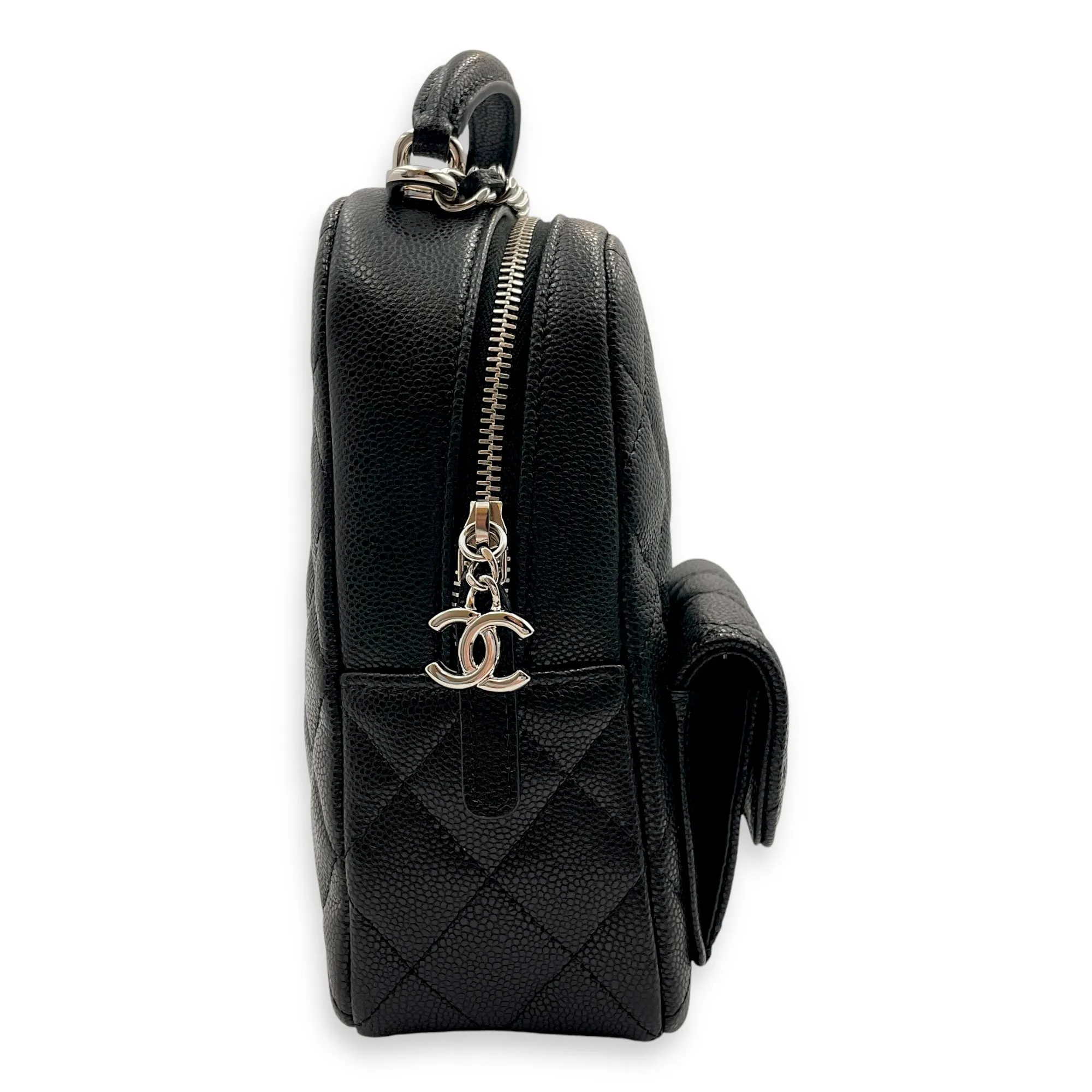 Quilted Mini Black Backpack in Caviar Leather, Silver hardware