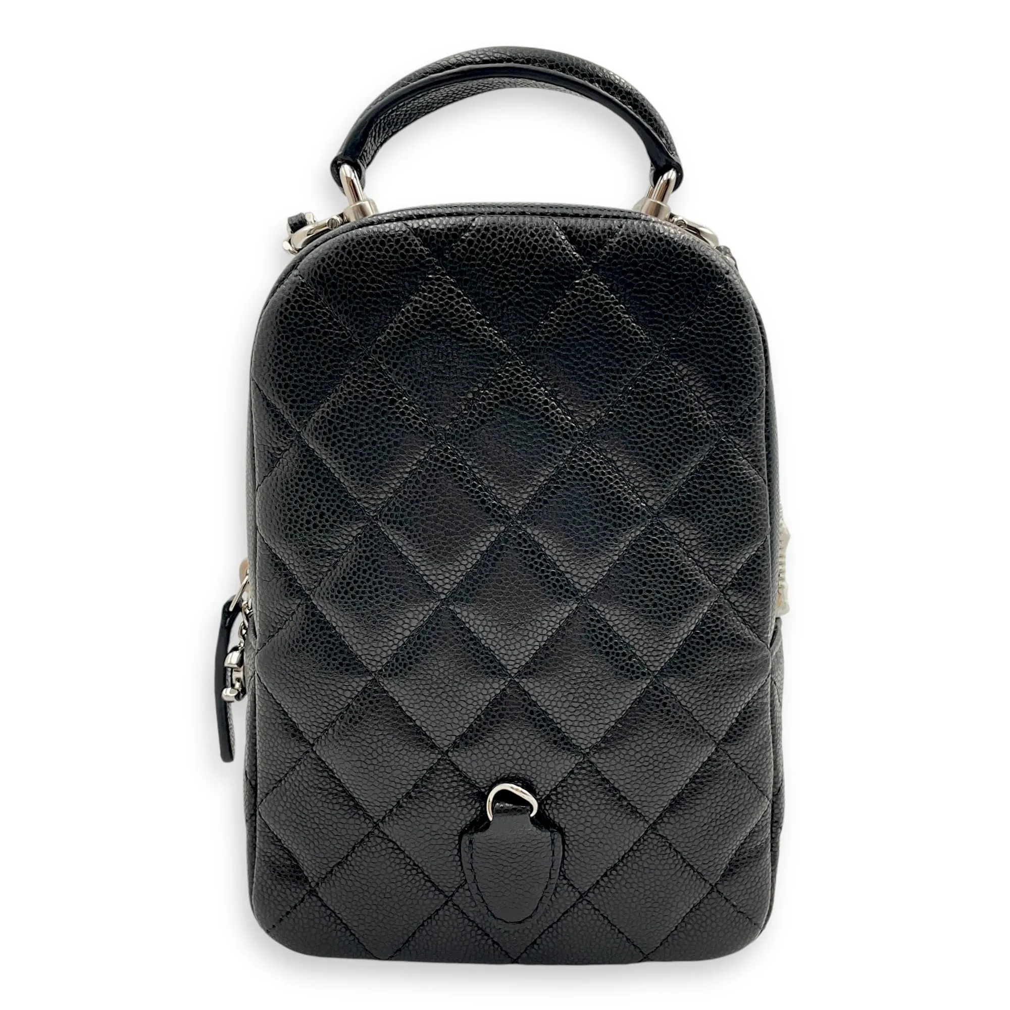 Quilted Mini Black Backpack in Caviar Leather, Silver hardware