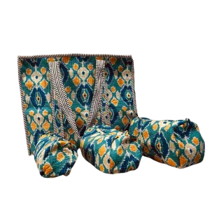 Quilted Tote Bag with Zipper and Quilted 3 piece toilery set- Abstract Motif