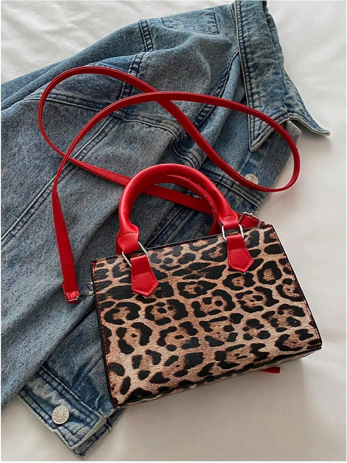 QWINEE Women's Leopard Print Top Handle Satchel Clutch Purse Bowknot Cheetah Square Handbag Crossbody Bag