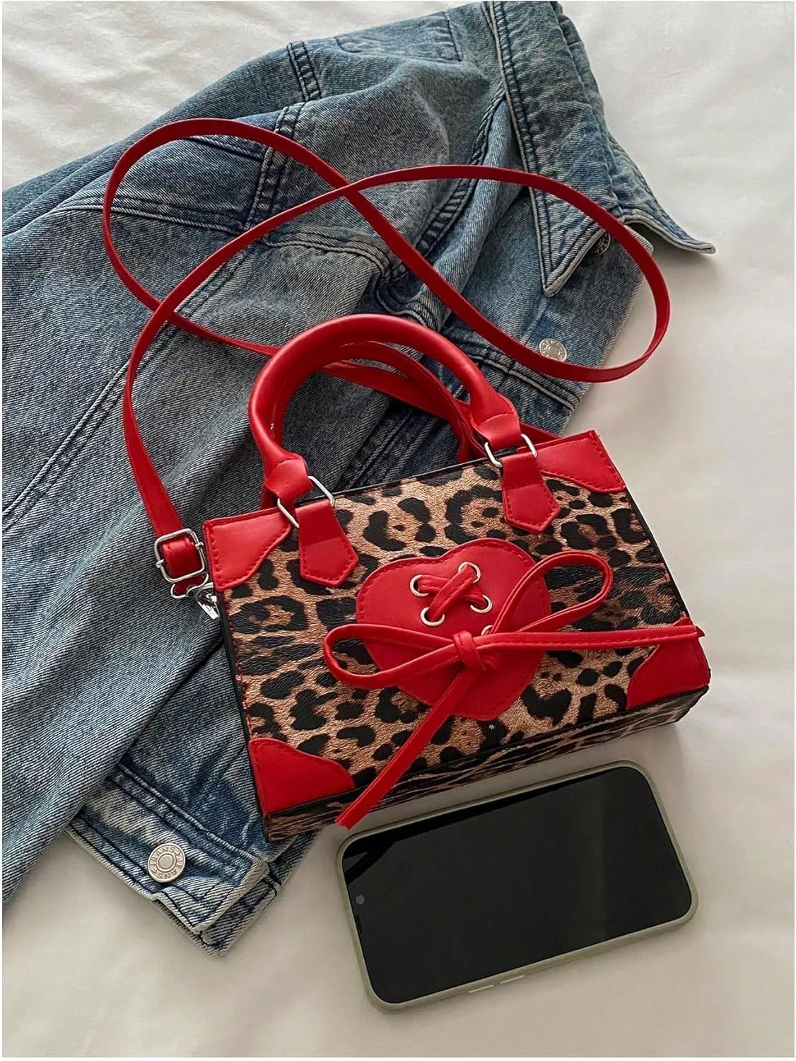 QWINEE Women's Leopard Print Top Handle Satchel Clutch Purse Bowknot Cheetah Square Handbag Crossbody Bag