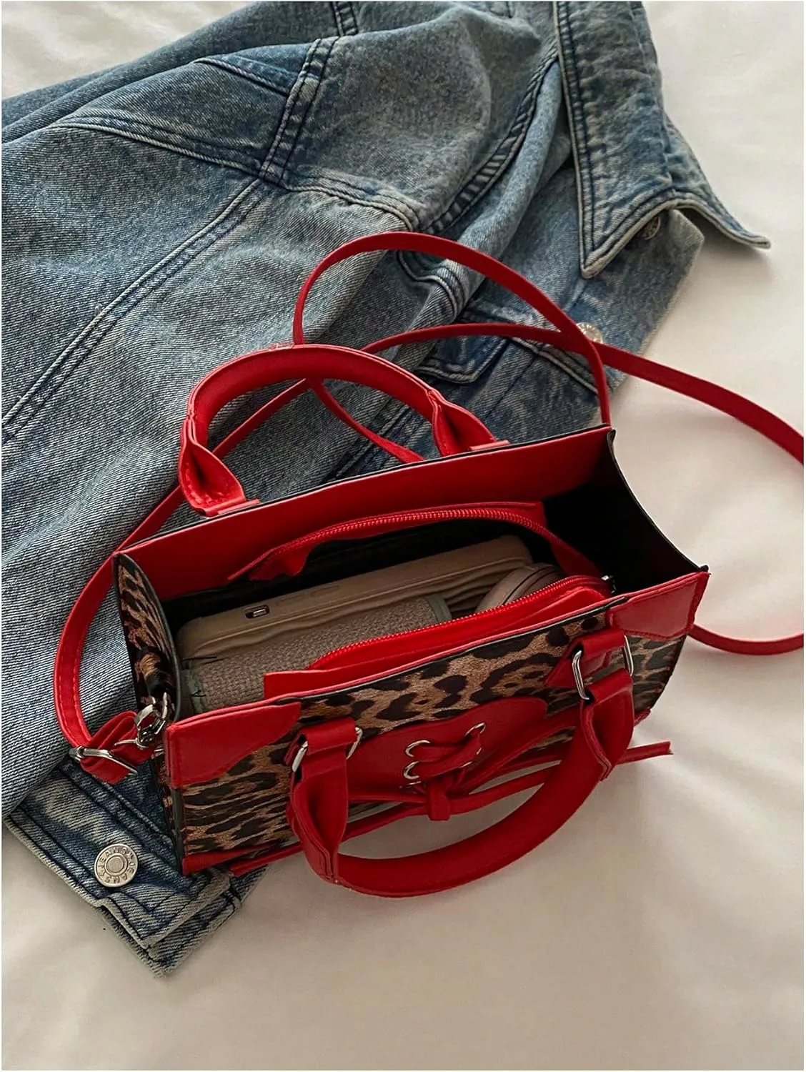 QWINEE Women's Leopard Print Top Handle Satchel Clutch Purse Bowknot Cheetah Square Handbag Crossbody Bag