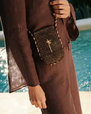 Raffia Phone Case - V74DG - Shoulder Strap Chocolate With Tan Palm